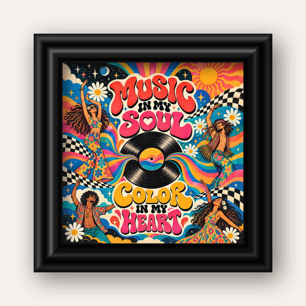 Retro Dans ve Müzik Temalı Renkli Poster – Psychedelic 70’ler — siyah galeri çerçeveli
