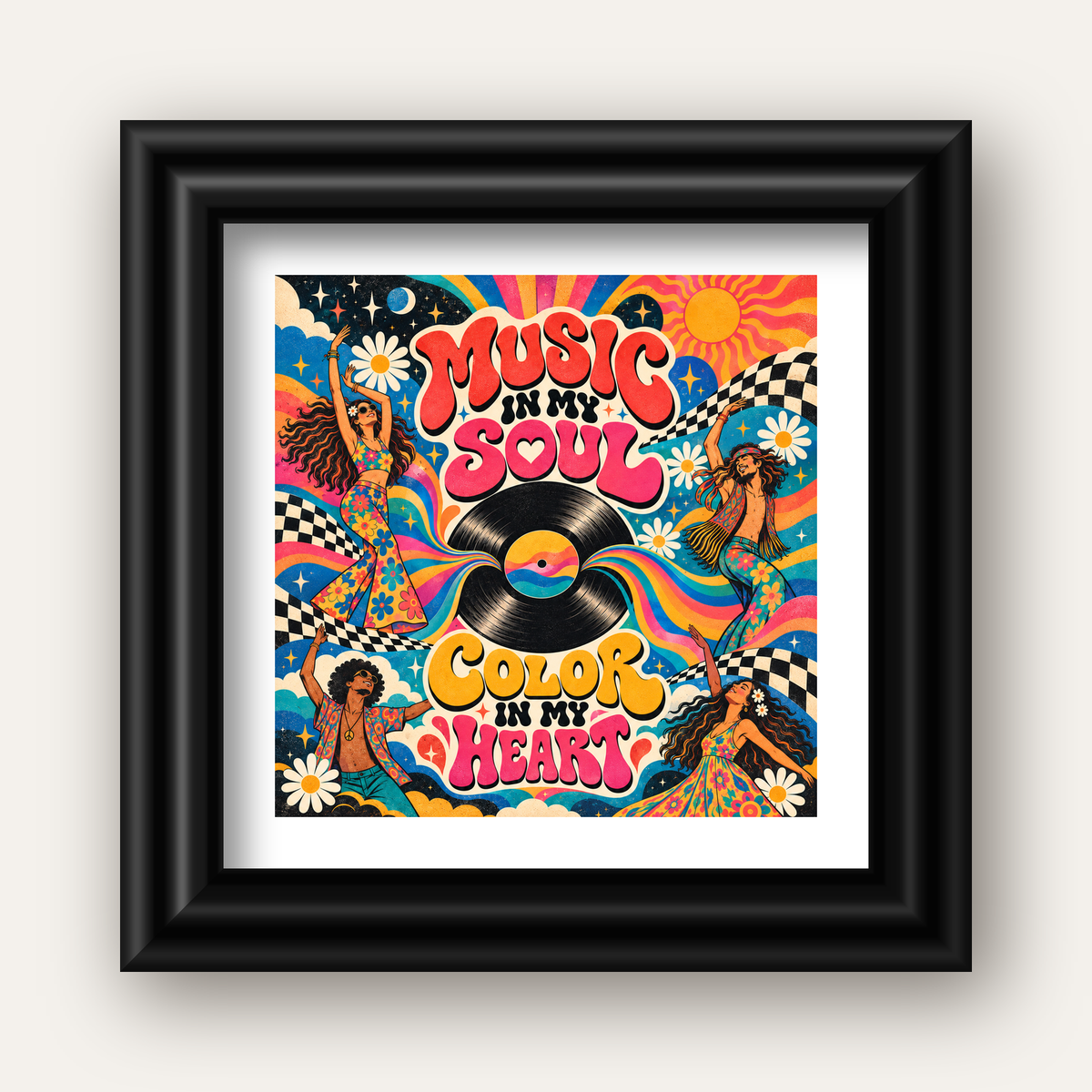 Retro Dans ve Müzik Temalı Renkli Poster – Psychedelic 70’ler — siyah galeri çerçeveli paspartulu