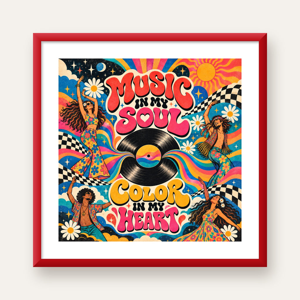 Retro Dans ve Müzik Temalı Renkli Poster – Psychedelic 70’ler — kırmızı çerçeveli paspartulu