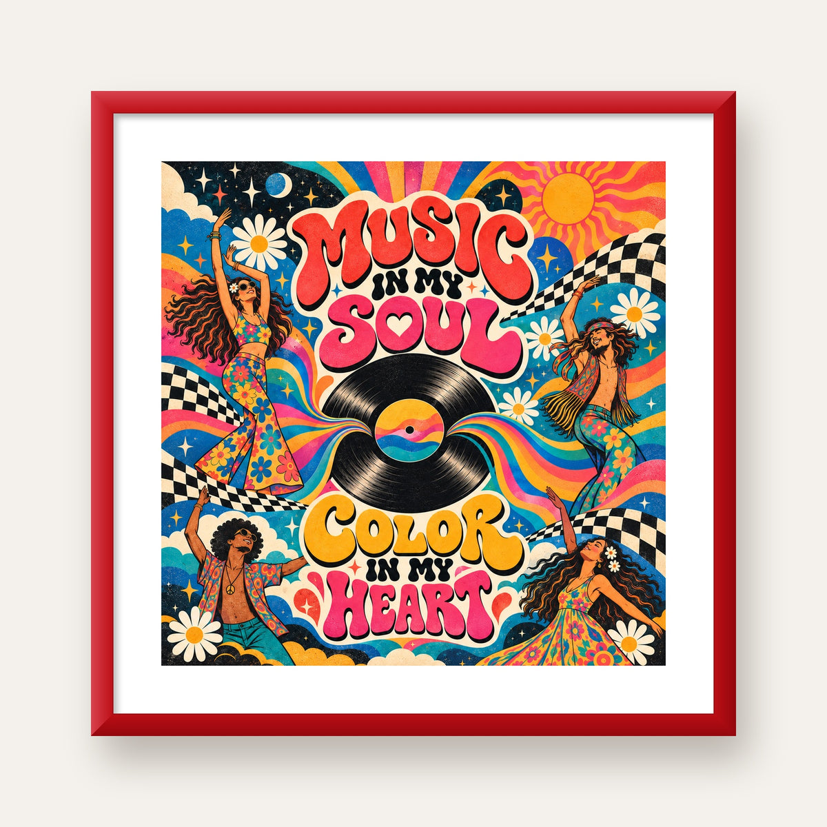 Retro Dans ve Müzik Temalı Renkli Poster – Psychedelic 70’ler — kırmızı çerçeveli paspartulu