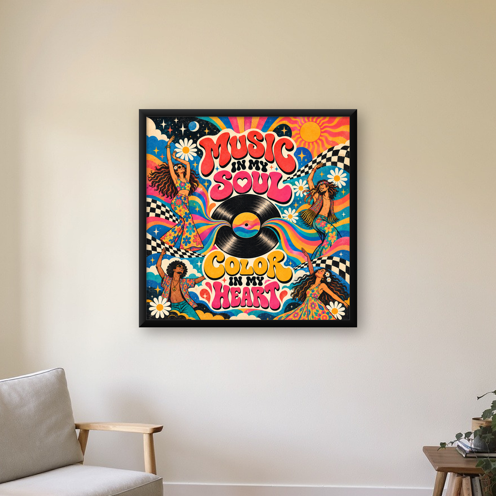 Retro Dans ve Müzik Temalı Renkli Poster – Psychedelic 70’ler — Kare baskı, çerçeveli hâliyle bir ev duvarında