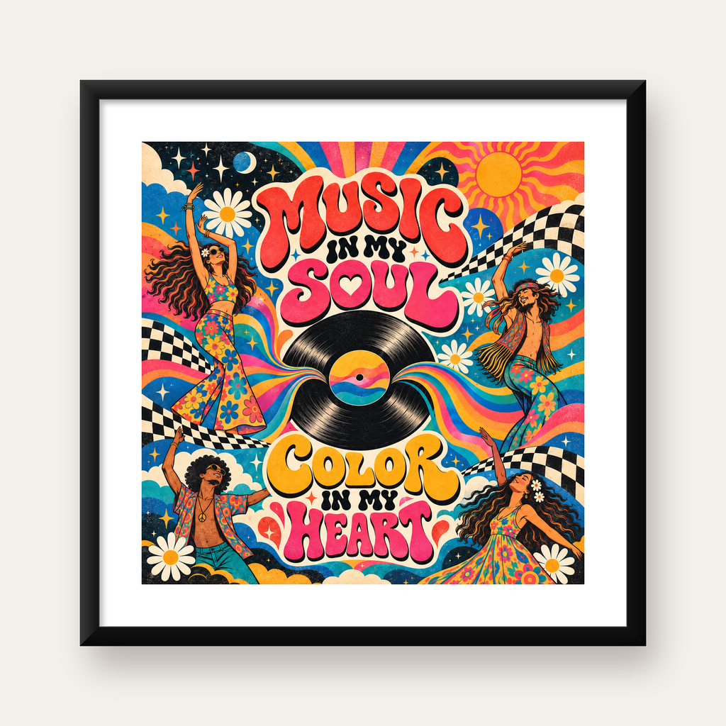 Retro Dans ve Müzik Temalı Renkli Poster – Psychedelic 70’ler — Kare baskı, beyaz paspartulu