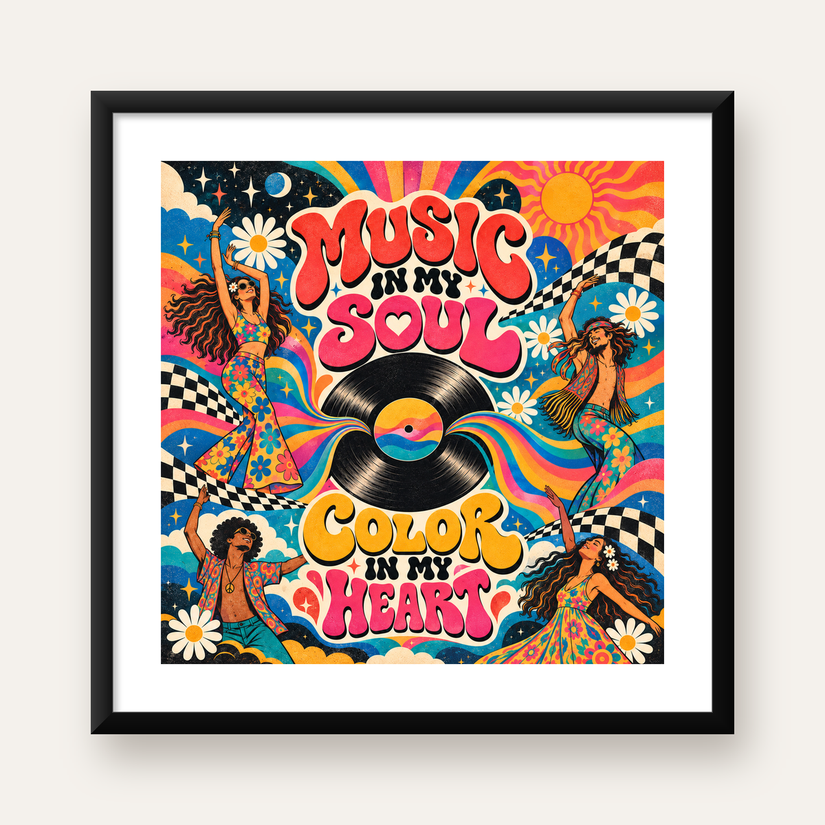 Retro Dans ve Müzik Temalı Renkli Poster – Psychedelic 70’ler — Kare baskı, beyaz paspartulu