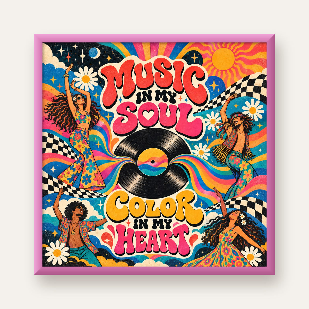 Retro Dans ve Müzik Temalı Renkli Poster – Psychedelic 70’ler — pembe çerçeveli