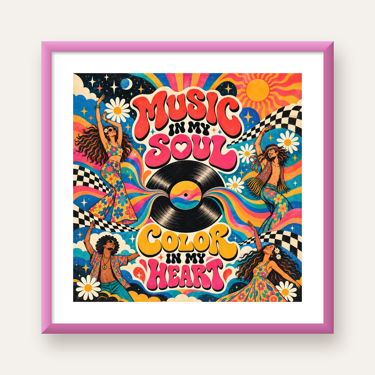 Retro Dans ve Müzik Temalı Renkli Poster – Psychedelic 70’ler — pembe çerçeveli paspartulu