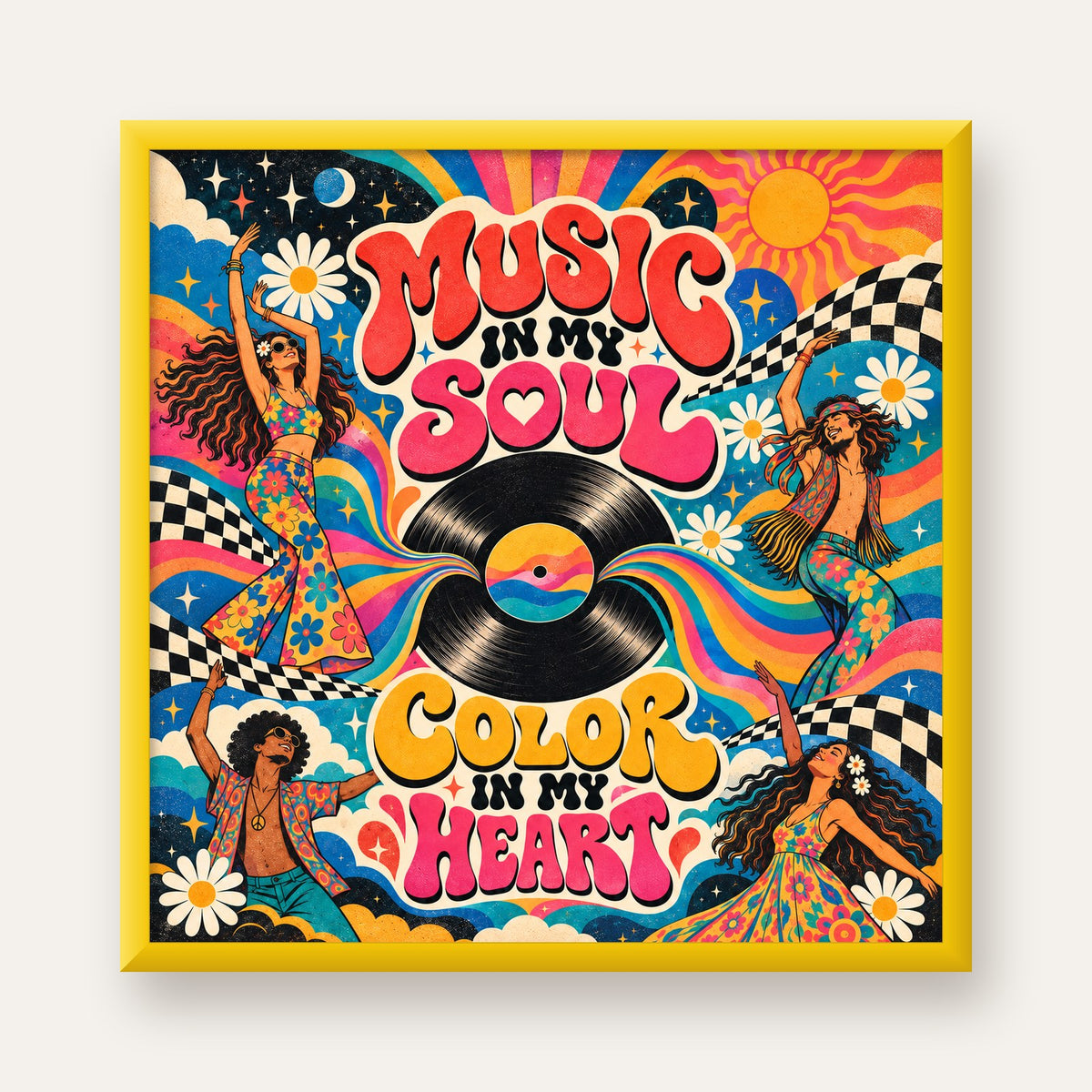 Retro Dans ve Müzik Temalı Renkli Poster – Psychedelic 70’ler — sarı çerçeveli