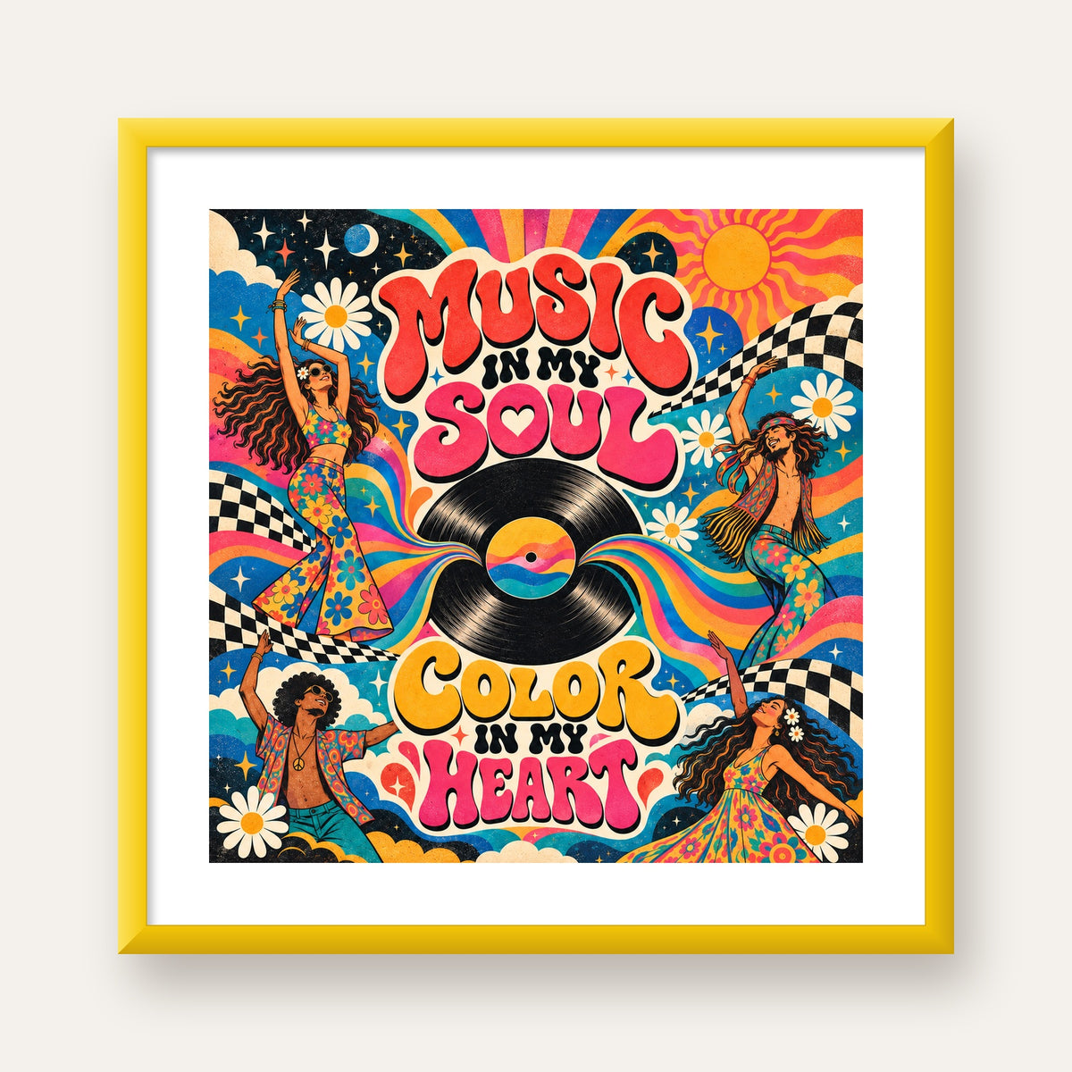 Retro Dans ve Müzik Temalı Renkli Poster – Psychedelic 70’ler — sarı çerçeveli paspartulu