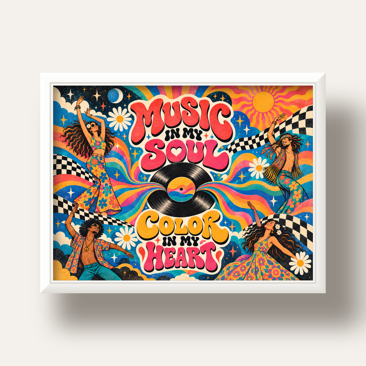 Retro Dans ve Müzik Temalı Renkli Poster – Psychedelic 70’ler — beyaz derin çerçeveli