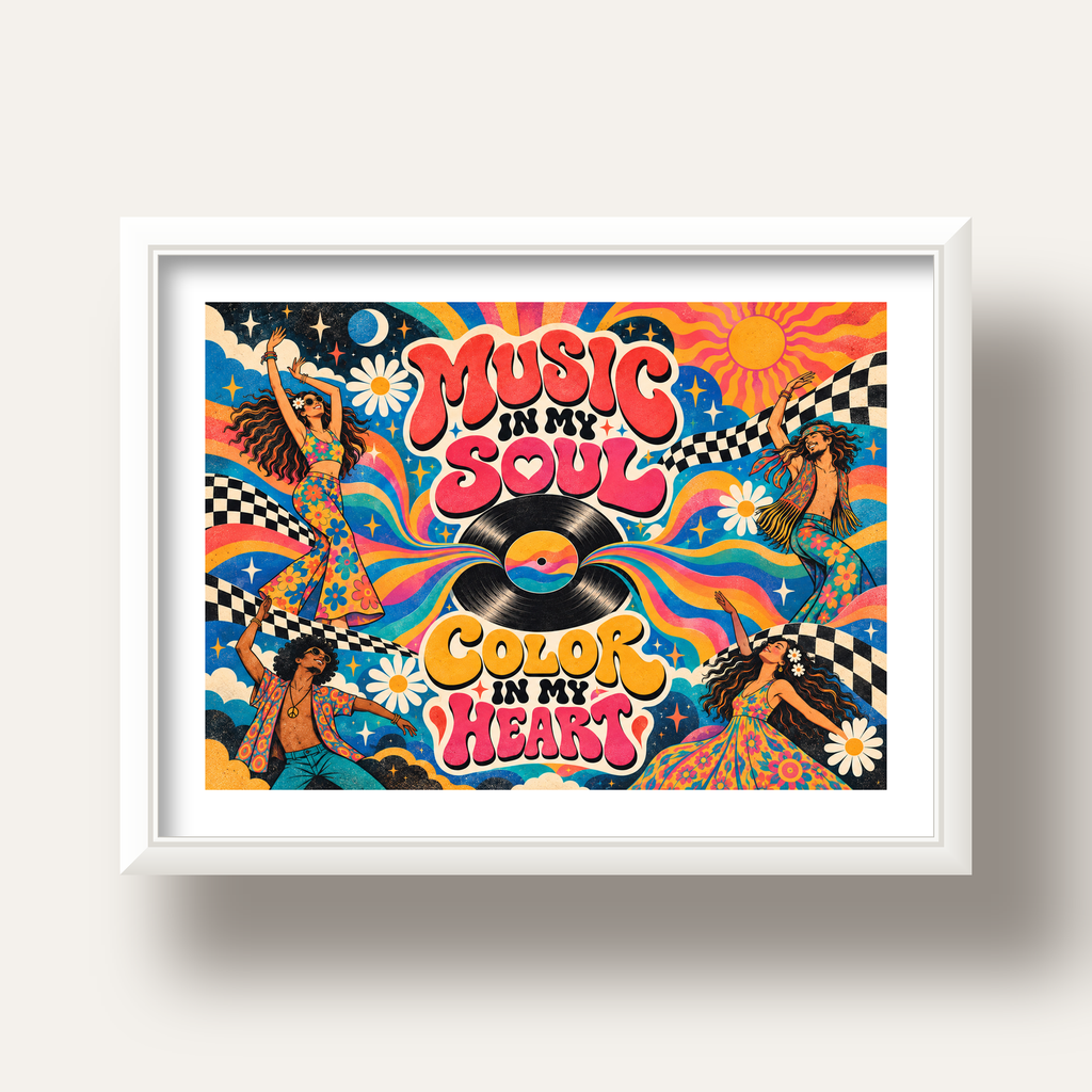 Retro Dans ve Müzik Temalı Renkli Poster – Psychedelic 70’ler — beyaz derin çerçeveli paspartulu
