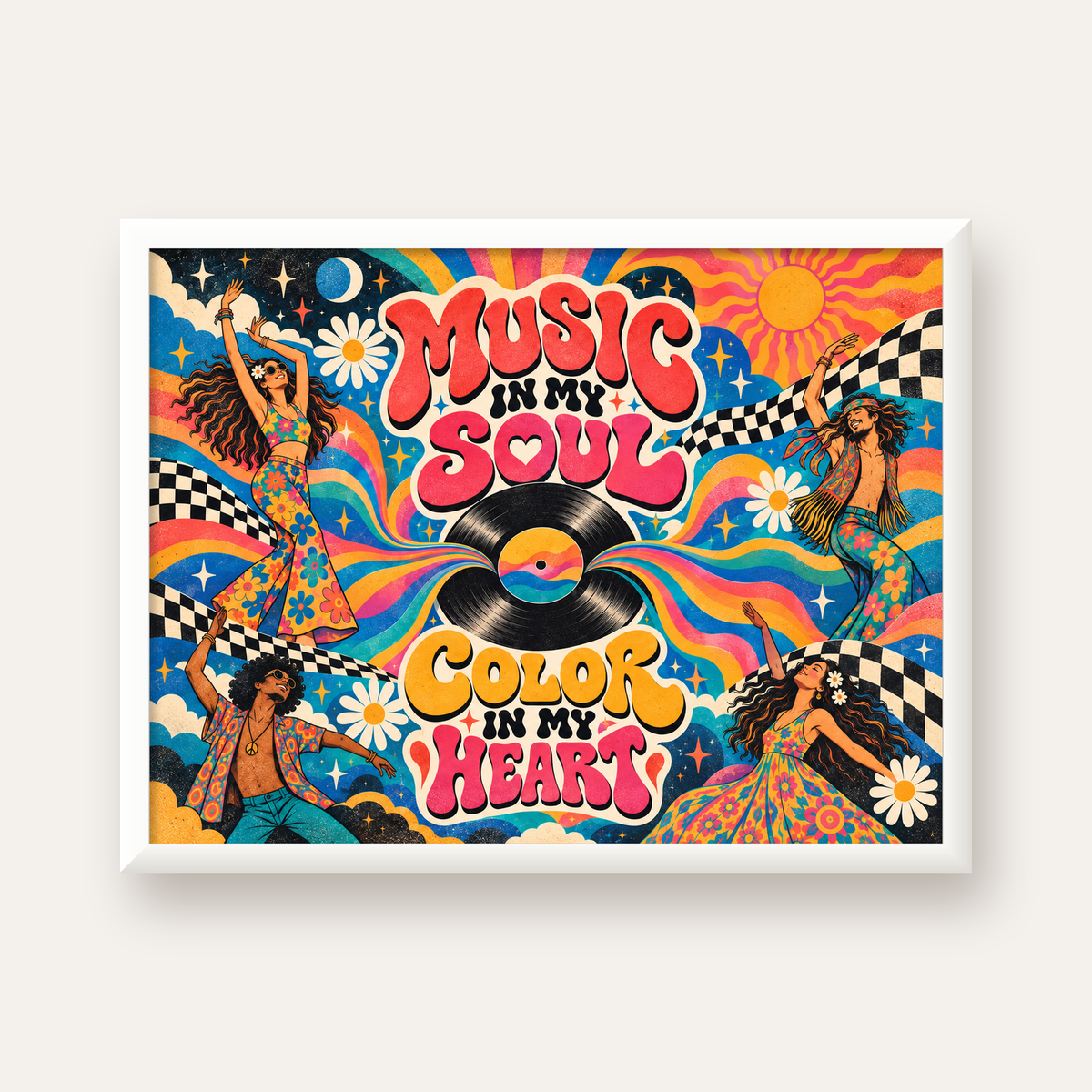 Retro Dans ve Müzik Temalı Renkli Poster – Psychedelic 70’ler — beyaz çerçeveli yatay poster