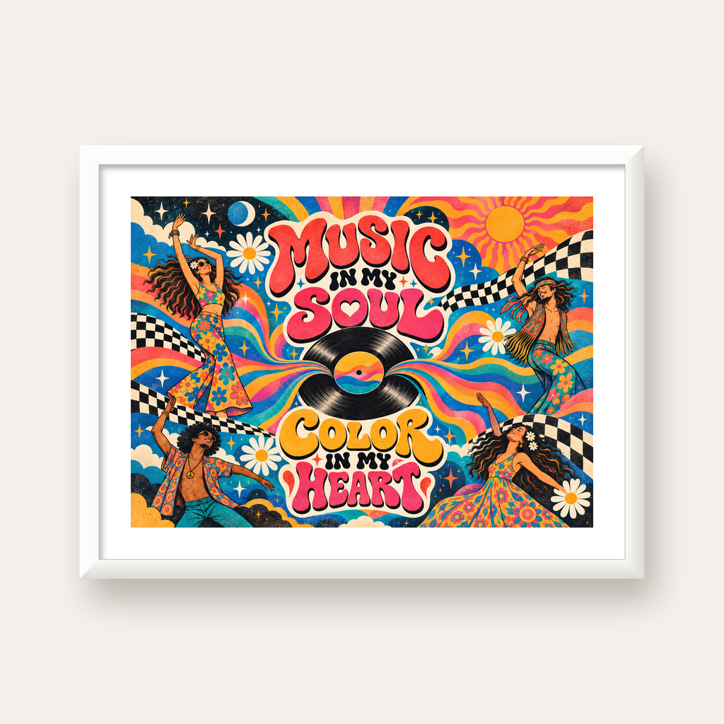 Retro Dans ve Müzik Temalı Renkli Poster – Psychedelic 70’ler — beyaz çerçeveli yatay poster