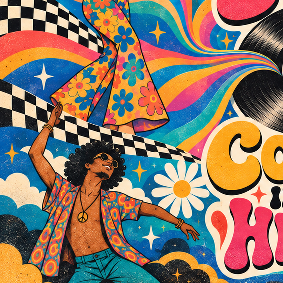 Retro Dans ve Müzik Temalı Renkli Poster – Psychedelic 70’ler — baskının yakın çekimi, kâğıt dokusu ve renk detayı