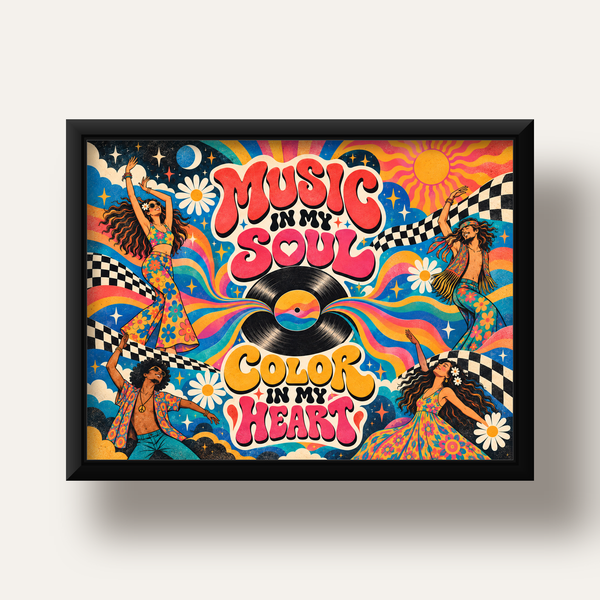 Retro Dans ve Müzik Temalı Renkli Poster – Psychedelic 70’ler — siyah derin çerçeveli