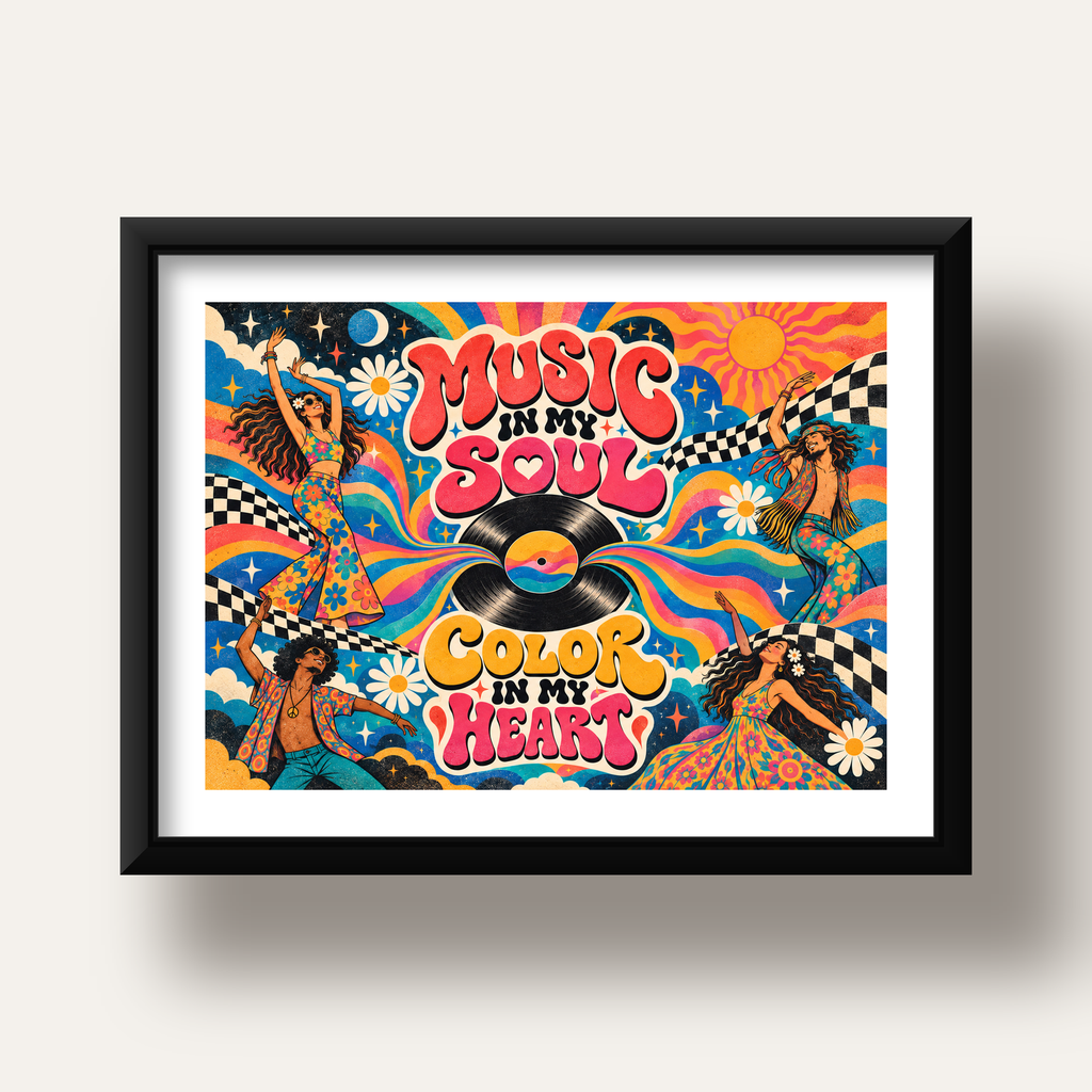 Retro Dans ve Müzik Temalı Renkli Poster – Psychedelic 70’ler — siyah derin çerçeveli paspartulu