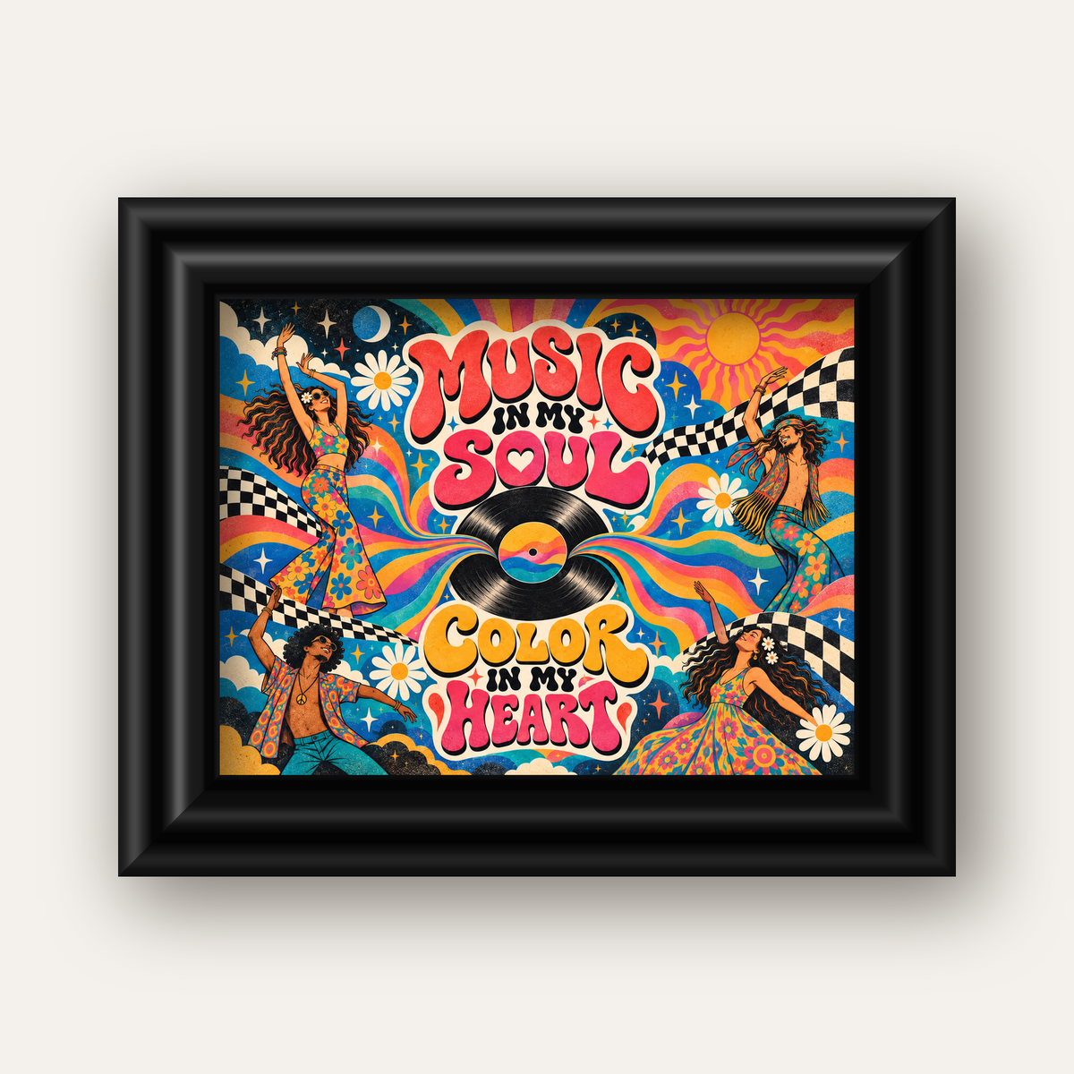 Retro Dans ve Müzik Temalı Renkli Poster – Psychedelic 70’ler — siyah galeri çerçeveli