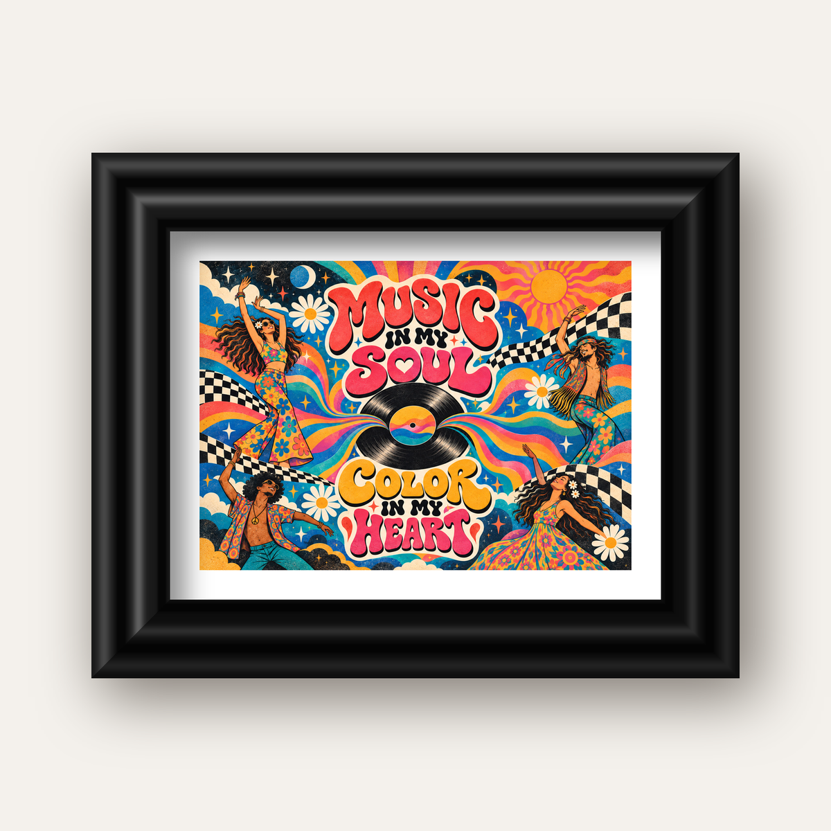 Retro Dans ve Müzik Temalı Renkli Poster – Psychedelic 70’ler — siyah galeri çerçeveli paspartulu
