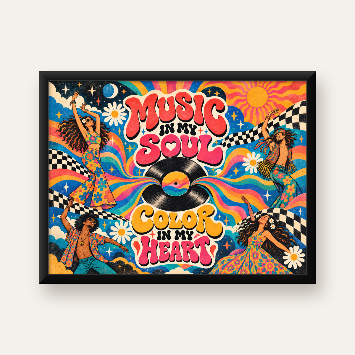 Retro Dans ve Müzik Temalı Renkli Poster – Psychedelic 70’ler — Yatay baskı, düz siyah çerçeveli duvar posteri