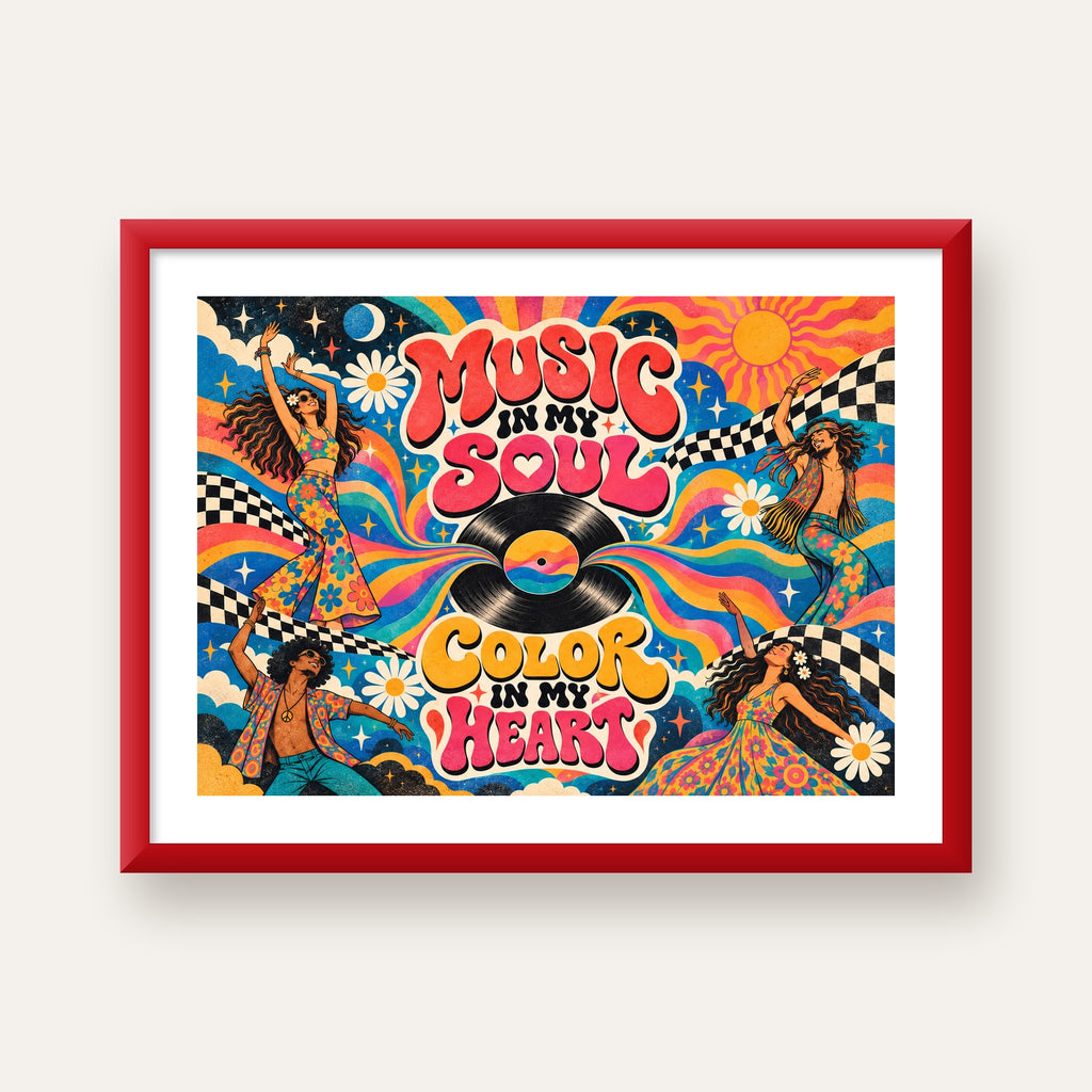 Retro Dans ve Müzik Temalı Renkli Poster – Psychedelic 70’ler — kırmızı çerçeveli paspartulu
