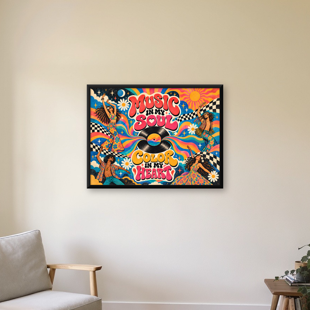 Retro Dans ve Müzik Temalı Renkli Poster – Psychedelic 70’ler — Yatay baskı, çerçeveli hâliyle bir ev duvarında