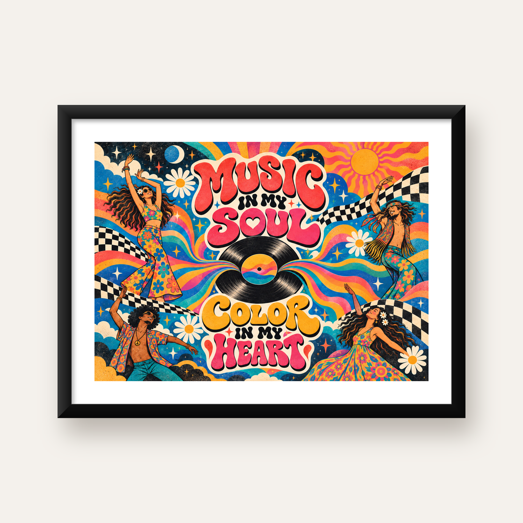 Retro Dans ve Müzik Temalı Renkli Poster – Psychedelic 70’ler — Yatay baskı, beyaz paspartulu