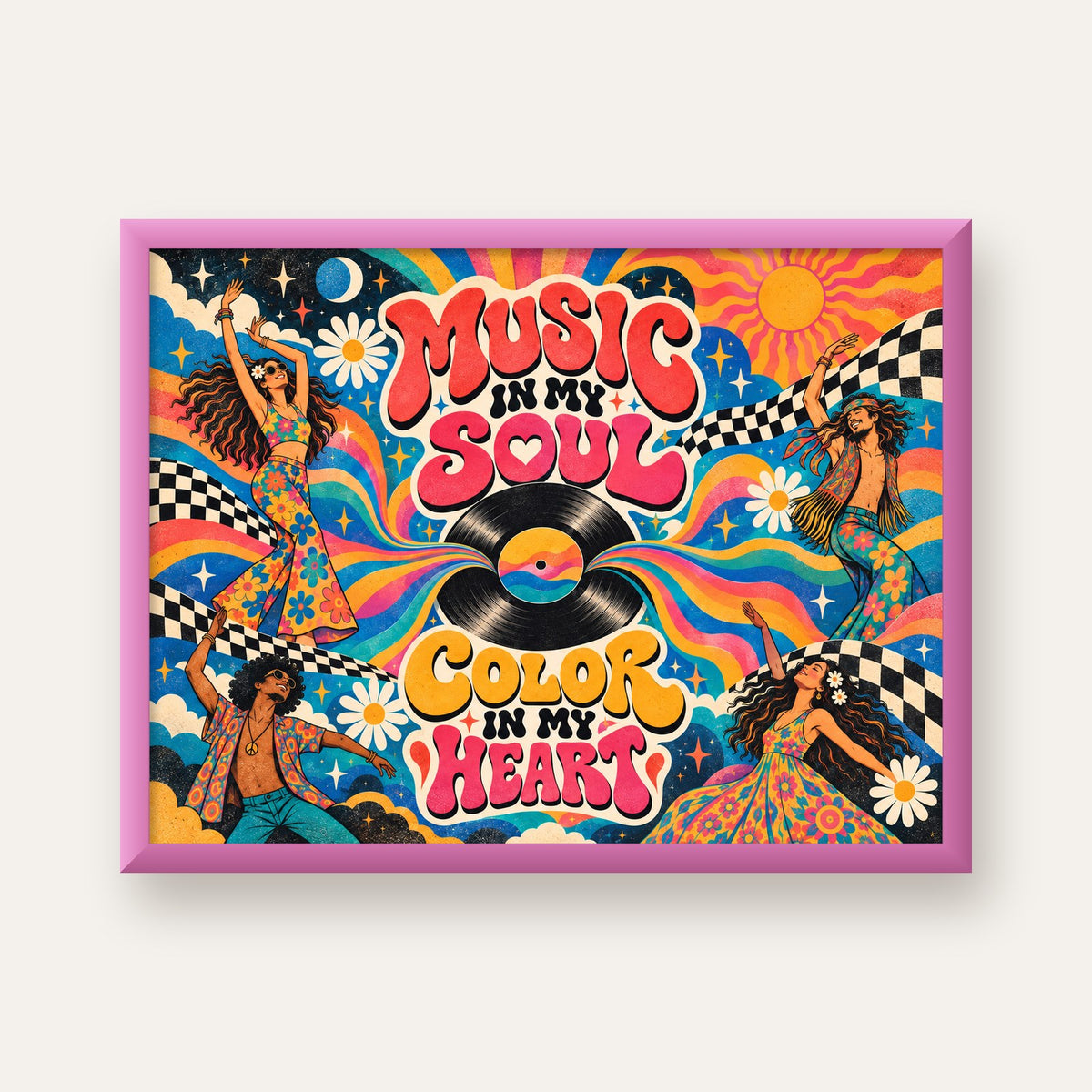 Retro Dans ve Müzik Temalı Renkli Poster – Psychedelic 70’ler — pembe çerçeveli