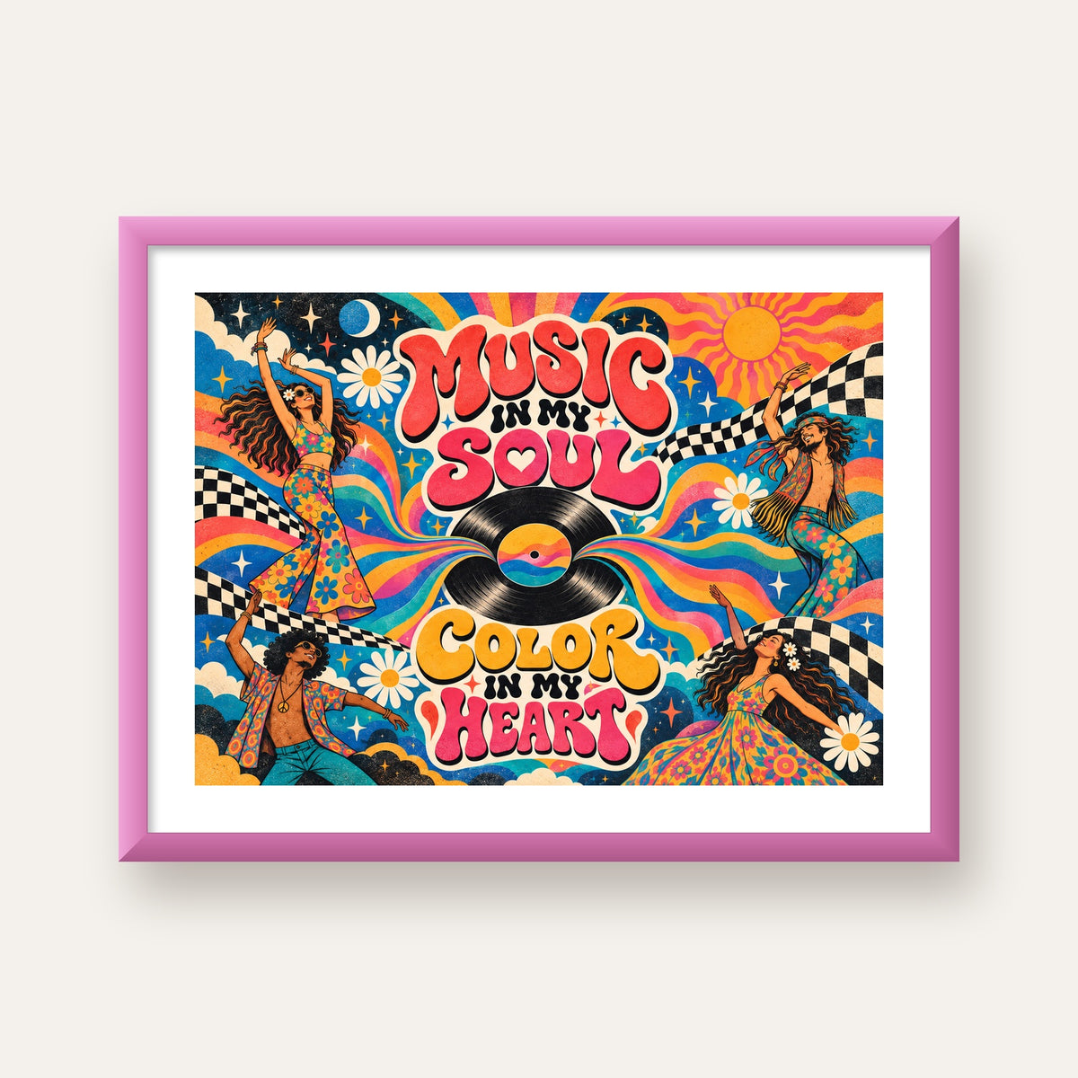 Retro Dans ve Müzik Temalı Renkli Poster – Psychedelic 70’ler — pembe çerçeveli paspartulu