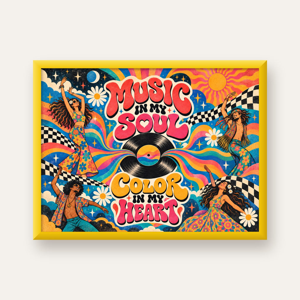 Retro Dans ve Müzik Temalı Renkli Poster – Psychedelic 70’ler — sarı çerçeveli