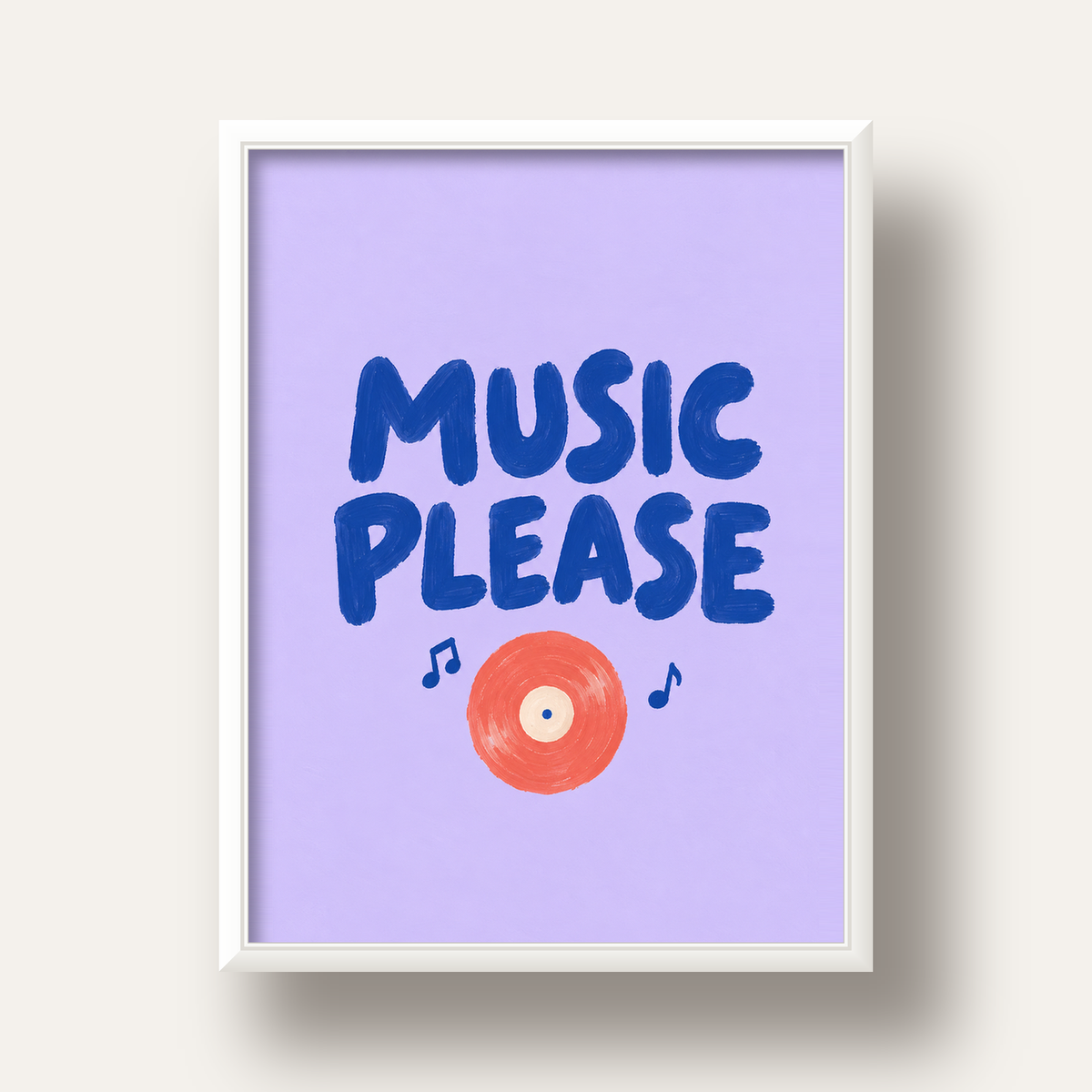 Müzik Temalı Tipografik Poster – MUSIC PLEASE El Boyaması — beyaz derin çerçeveli