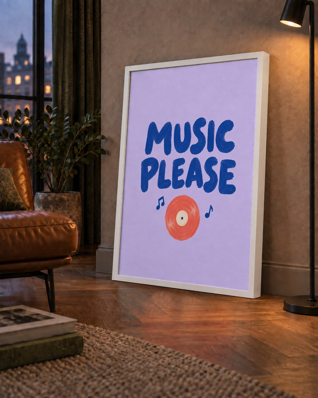 Müzik Temalı Tipografik Poster – MUSIC PLEASE El Boyaması — çerçeveli hâliyle bir ev duvarında