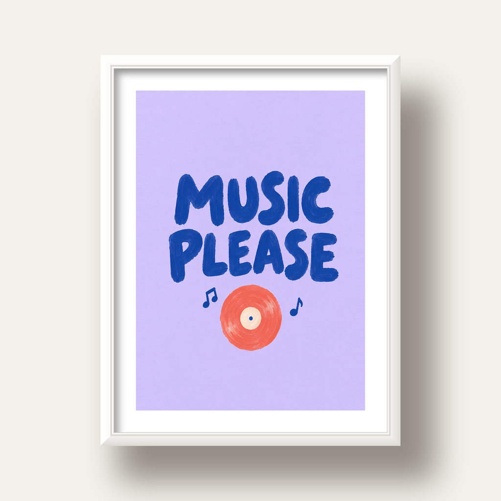 Müzik Temalı Tipografik Poster – MUSIC PLEASE El Boyaması — beyaz derin çerçeveli paspartulu