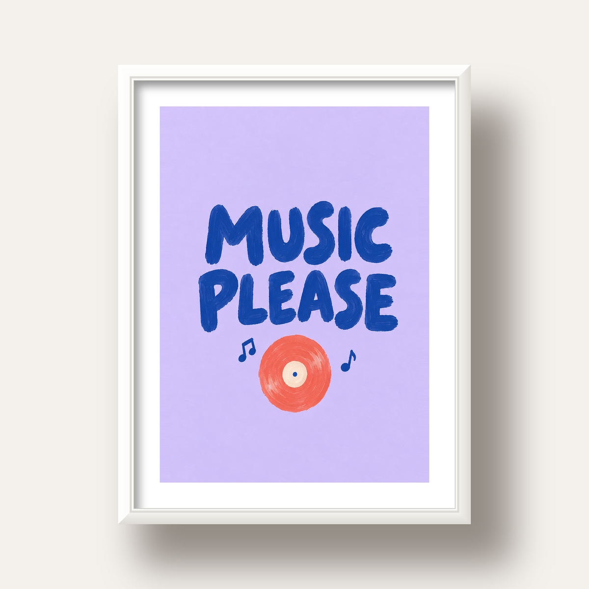 Müzik Temalı Tipografik Poster – MUSIC PLEASE El Boyaması — beyaz derin çerçeveli paspartulu