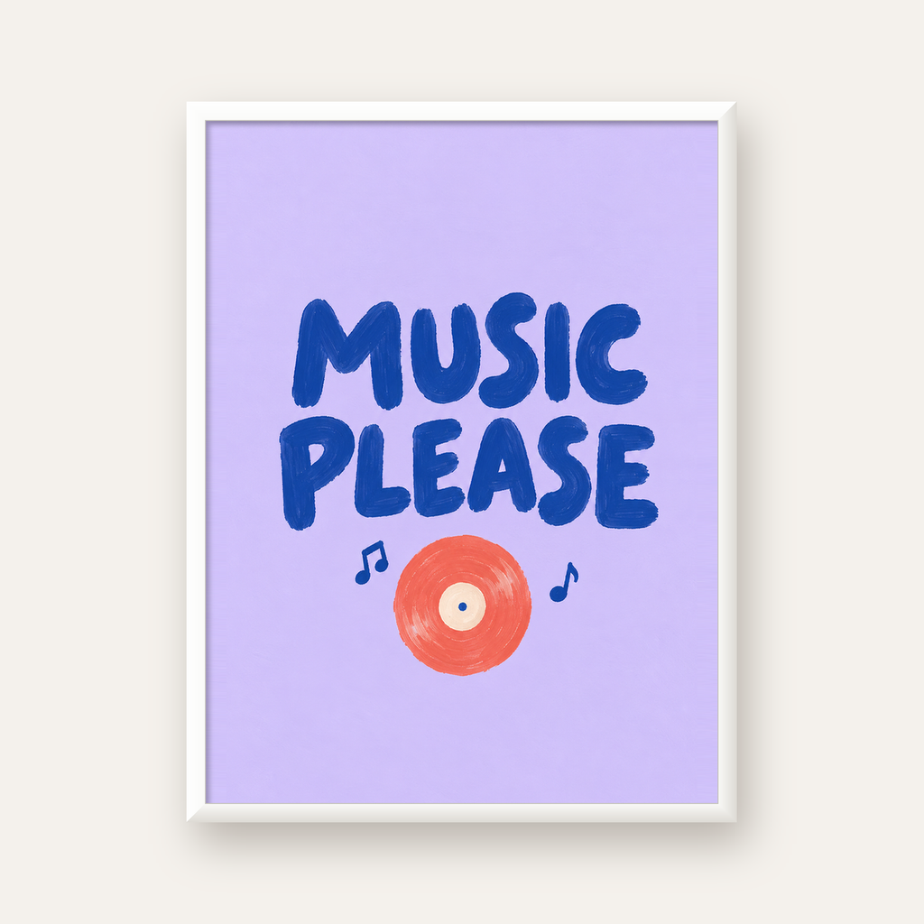 Müzik Temalı Tipografik Poster – MUSIC PLEASE El Boyaması — beyaz çerçeveli dikey poster