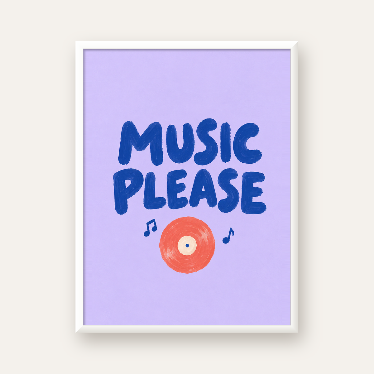 Müzik Temalı Tipografik Poster – MUSIC PLEASE El Boyaması — beyaz çerçeveli dikey poster
