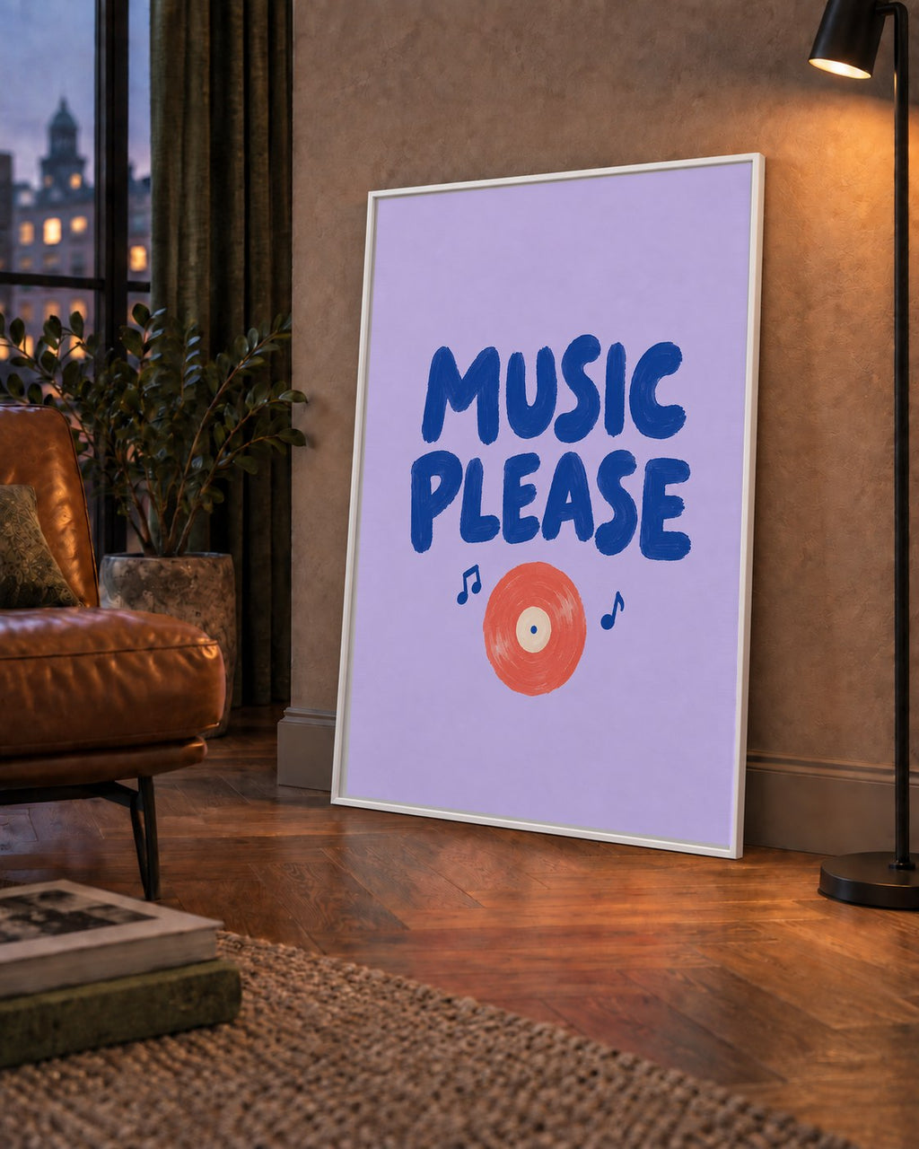 Müzik Temalı Tipografik Poster – MUSIC PLEASE El Boyaması — çerçeveli hâliyle bir ev duvarında