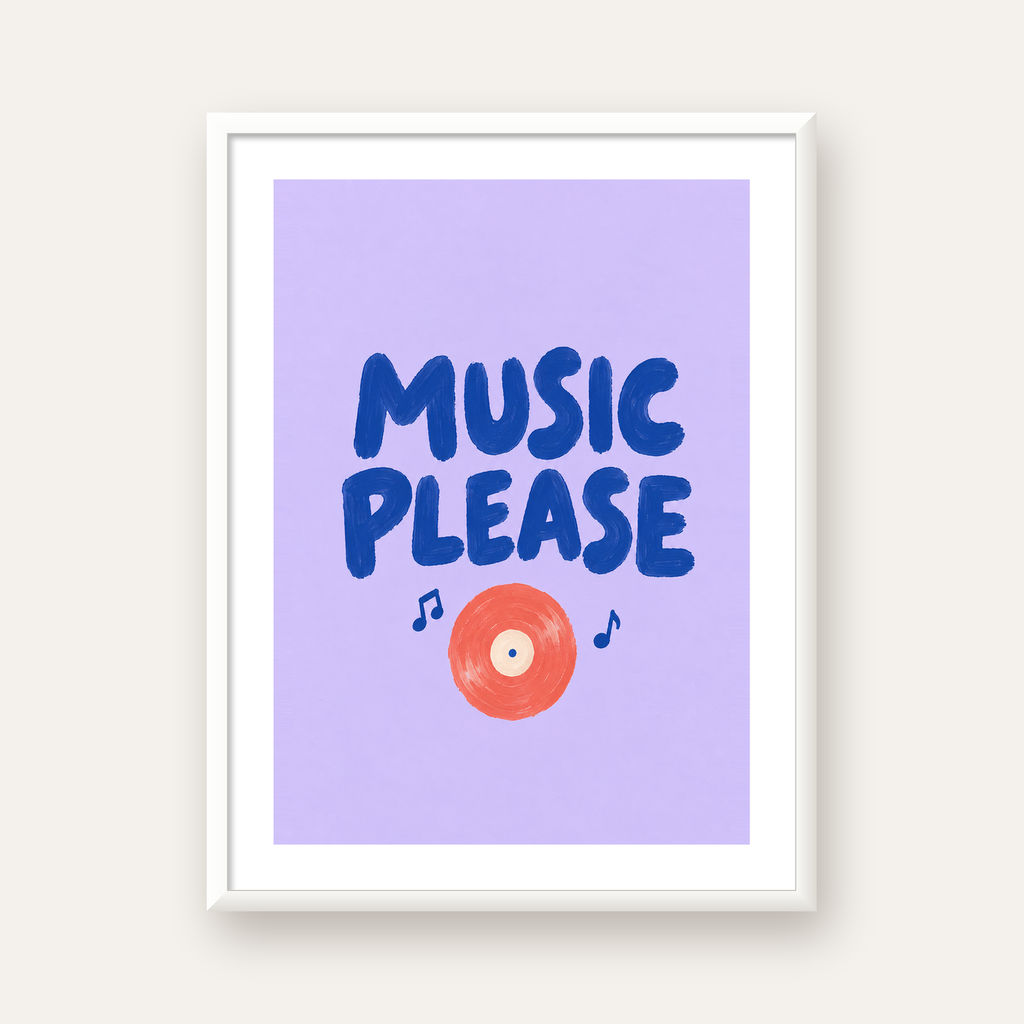 Müzik Temalı Tipografik Poster – MUSIC PLEASE El Boyaması — beyaz çerçeveli dikey poster