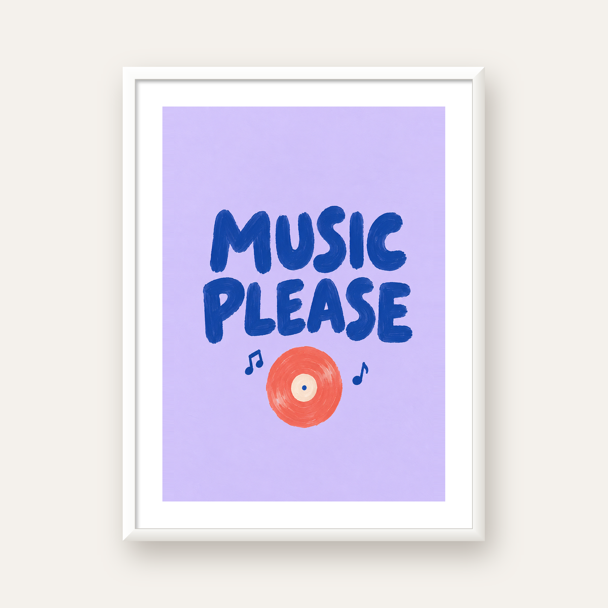 Müzik Temalı Tipografik Poster – MUSIC PLEASE El Boyaması — beyaz çerçeveli dikey poster