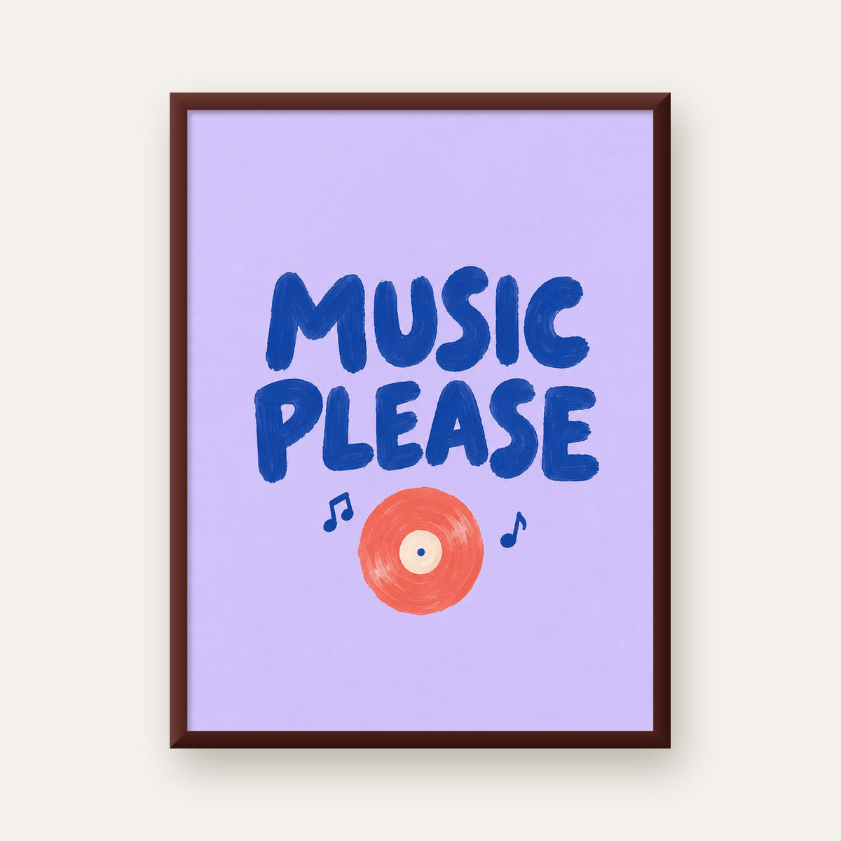 Müzik Temalı Tipografik Poster – MUSIC PLEASE El Boyaması — ceviz çerçeveli