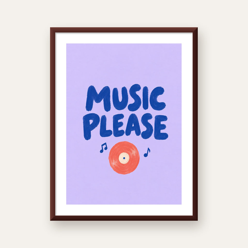 Müzik Temalı Tipografik Poster – MUSIC PLEASE El Boyaması — ceviz çerçeveli paspartulu