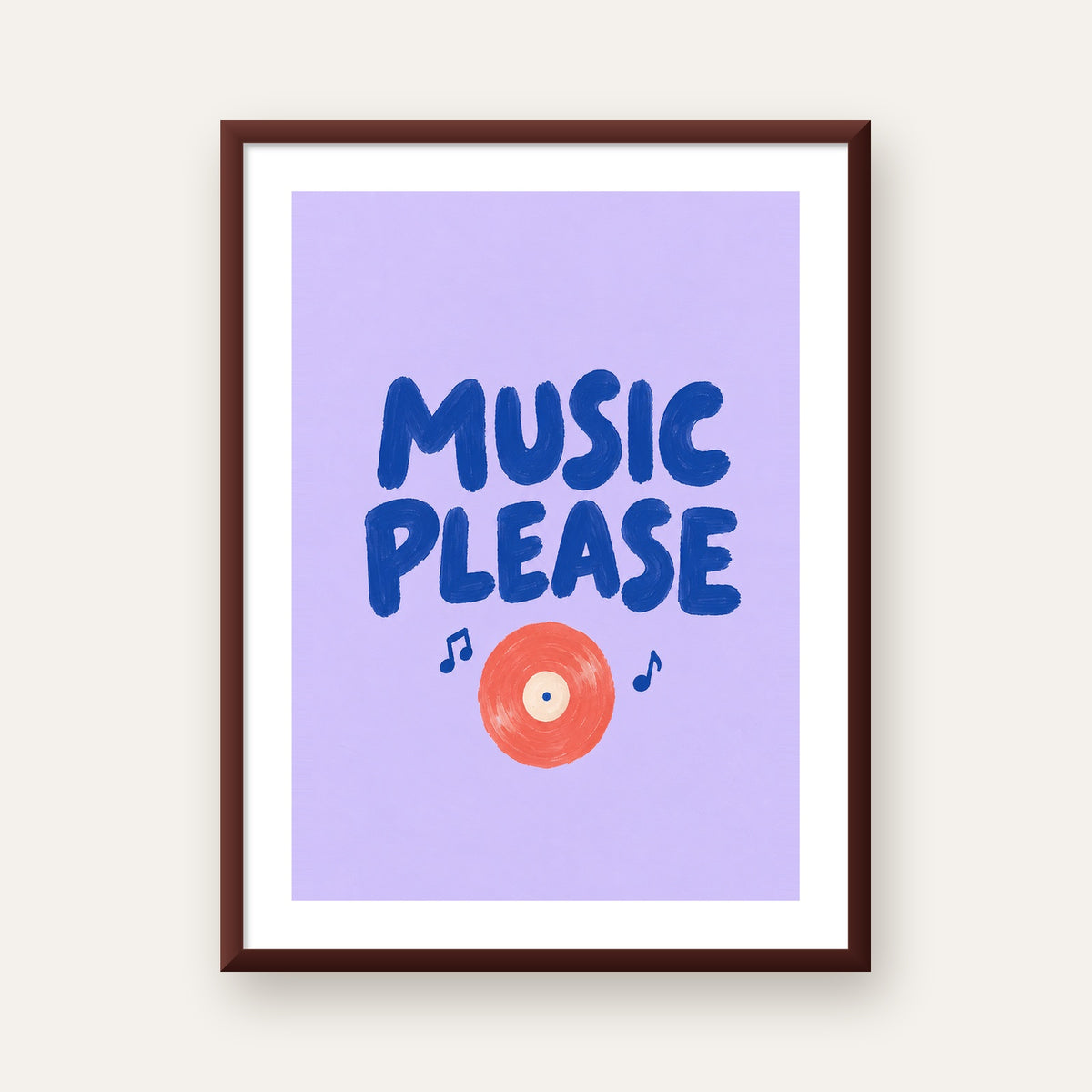 Müzik Temalı Tipografik Poster – MUSIC PLEASE El Boyaması — ceviz çerçeveli paspartulu