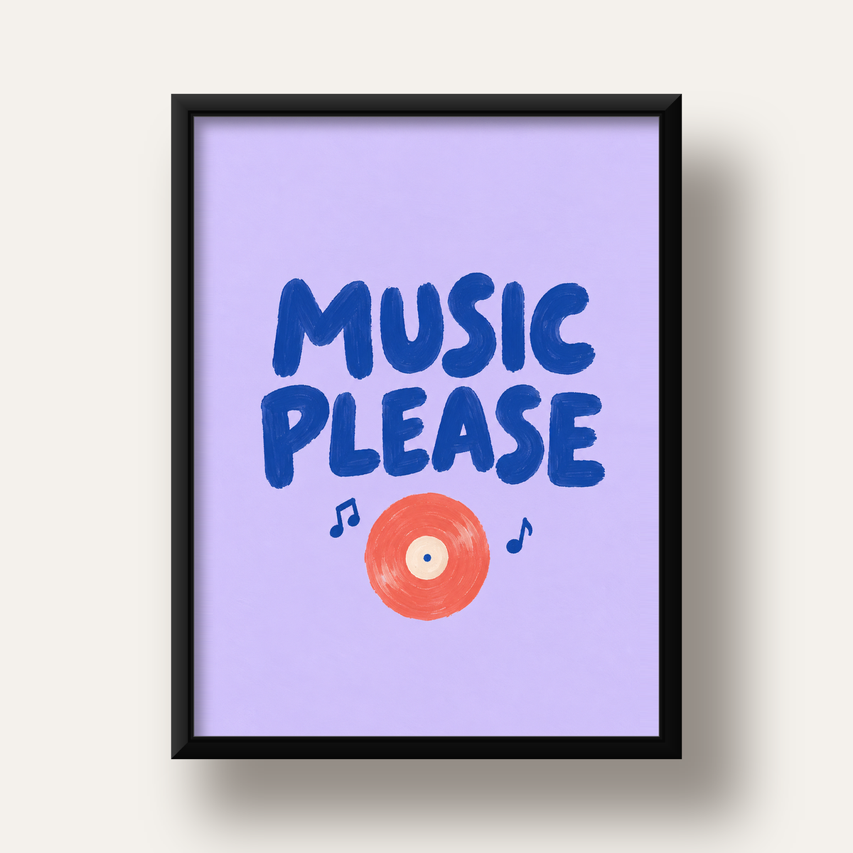 Müzik Temalı Tipografik Poster – MUSIC PLEASE El Boyaması — siyah derin çerçeveli