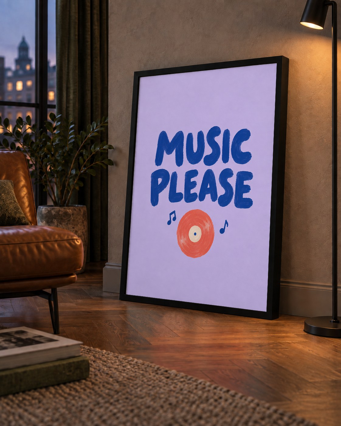 Müzik Temalı Tipografik Poster – MUSIC PLEASE El Boyaması — çerçeveli hâliyle bir ev duvarında