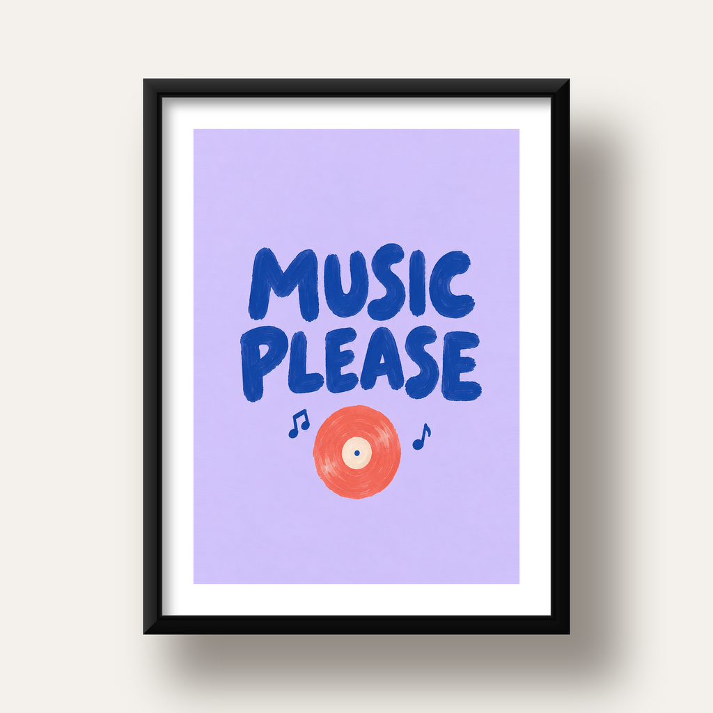 Müzik Temalı Tipografik Poster – MUSIC PLEASE El Boyaması — siyah derin çerçeveli paspartulu