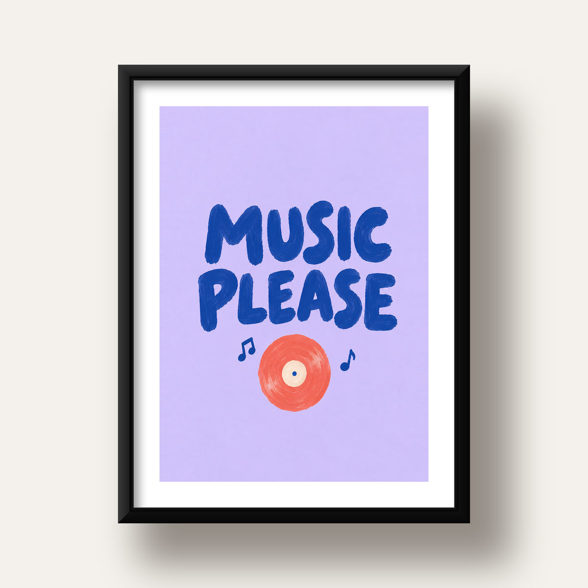 Müzik Temalı Tipografik Poster – MUSIC PLEASE El Boyaması — siyah derin çerçeveli paspartulu