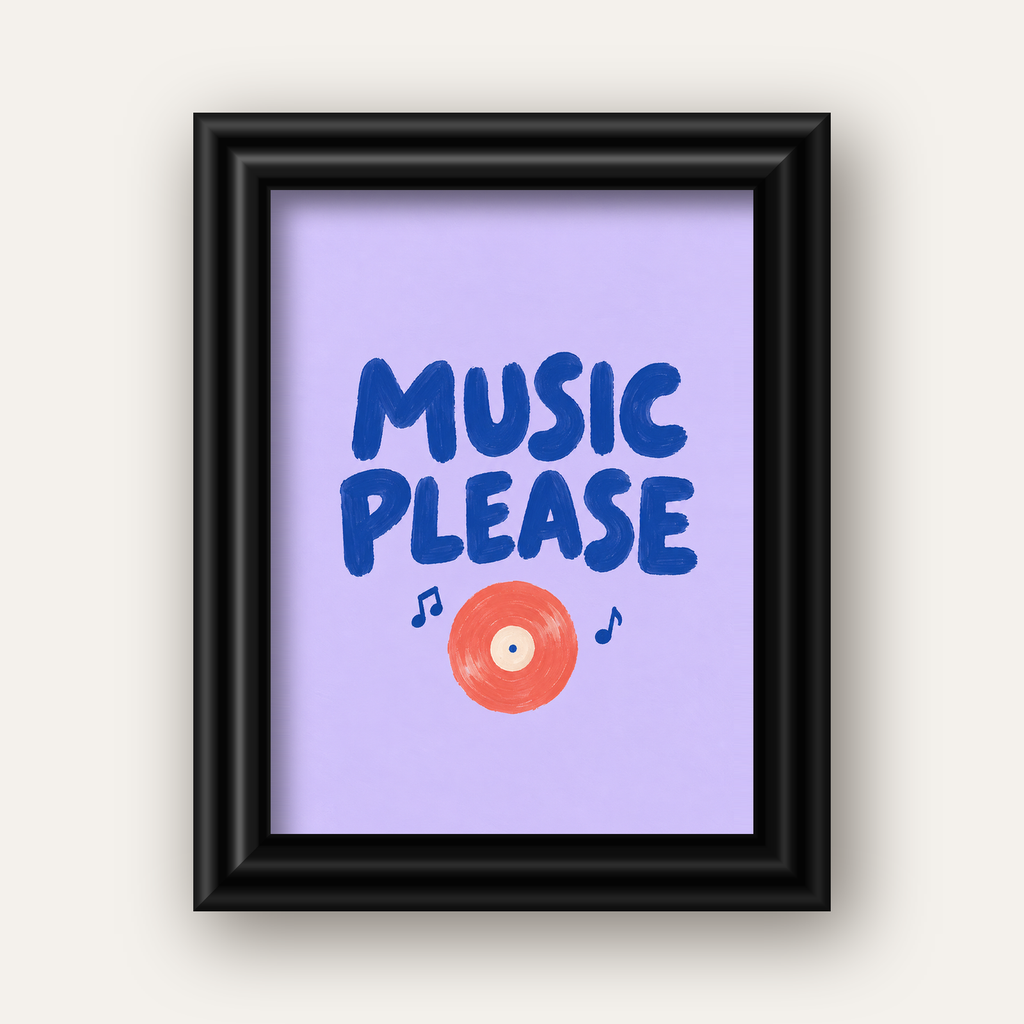 Müzik Temalı Tipografik Poster – MUSIC PLEASE El Boyaması — siyah galeri çerçeveli