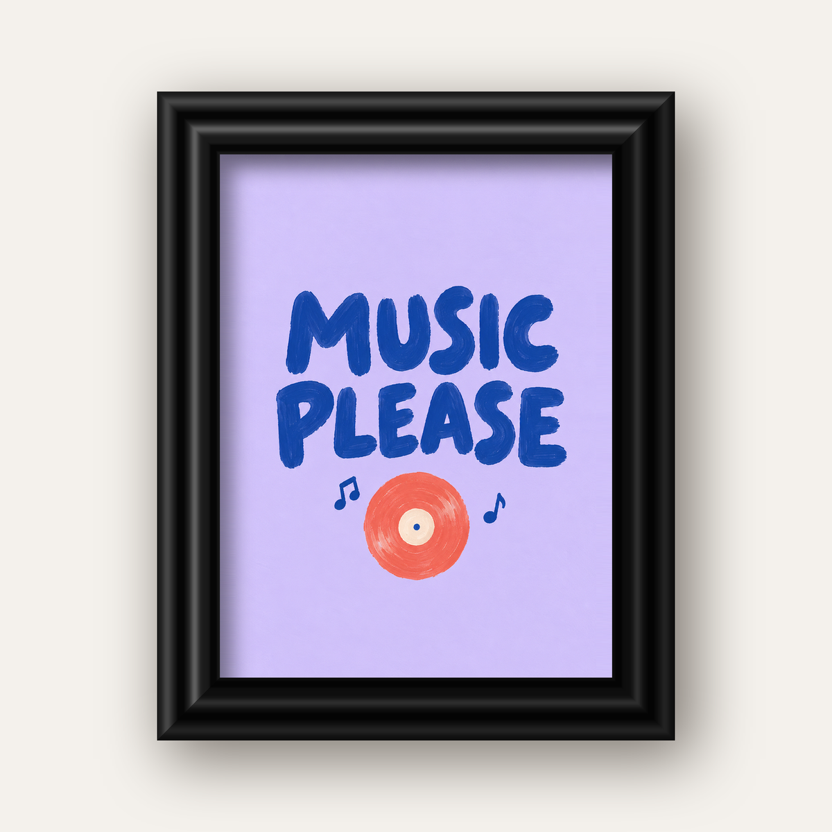 Müzik Temalı Tipografik Poster – MUSIC PLEASE El Boyaması — siyah galeri çerçeveli