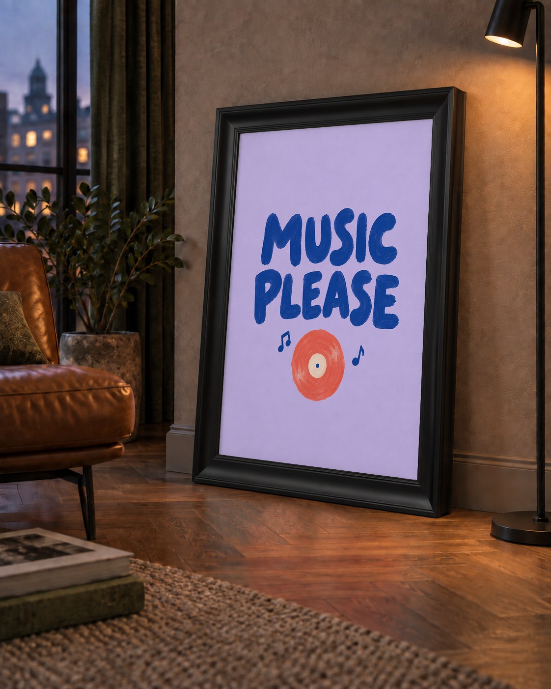 Müzik Temalı Tipografik Poster – MUSIC PLEASE El Boyaması — çerçeveli hâliyle bir ev duvarında