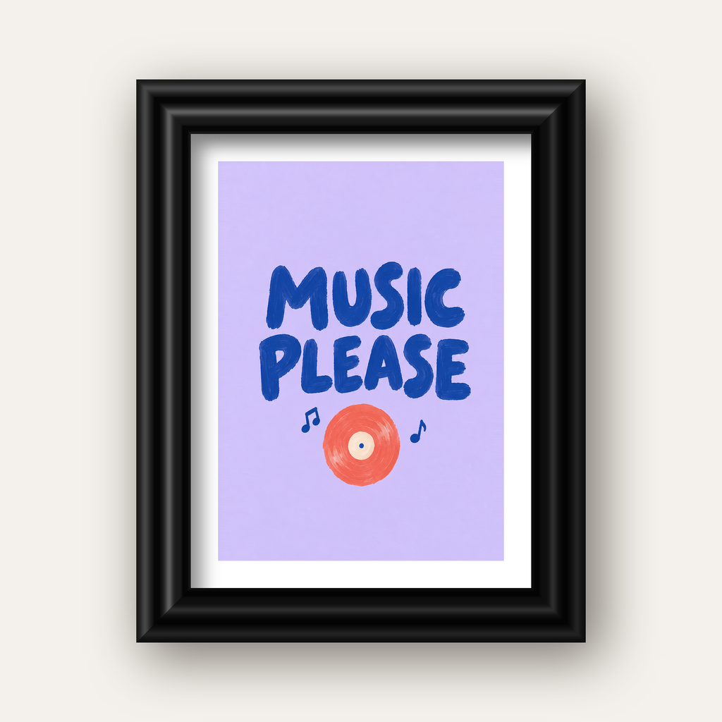 Müzik Temalı Tipografik Poster – MUSIC PLEASE El Boyaması — siyah galeri çerçeveli paspartulu