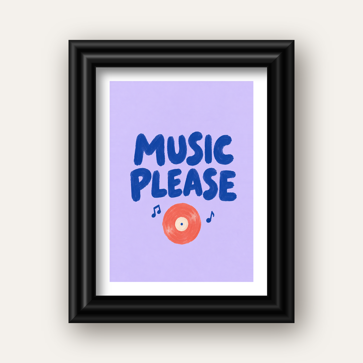 Müzik Temalı Tipografik Poster – MUSIC PLEASE El Boyaması — siyah galeri çerçeveli paspartulu