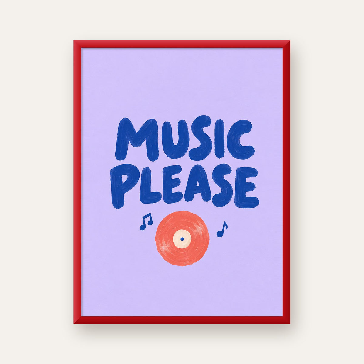 Müzik Temalı Tipografik Poster – MUSIC PLEASE El Boyaması — kırmızı çerçeveli