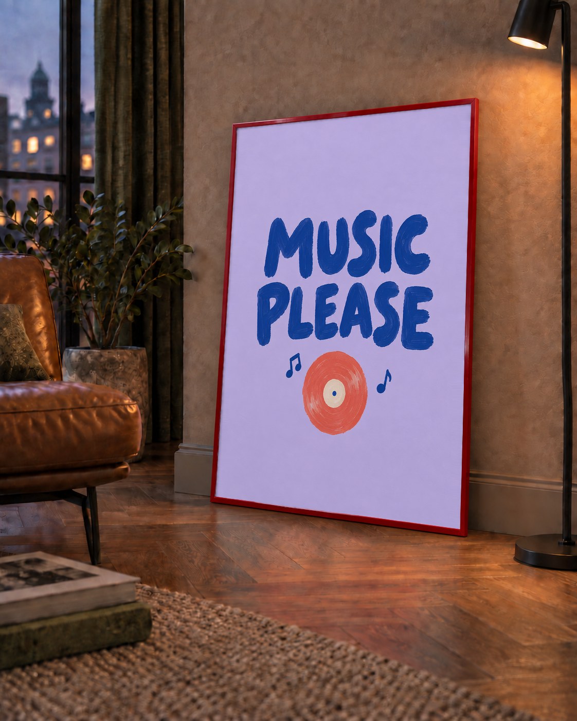 Müzik Temalı Tipografik Poster – MUSIC PLEASE El Boyaması — çerçeveli hâliyle bir ev duvarında